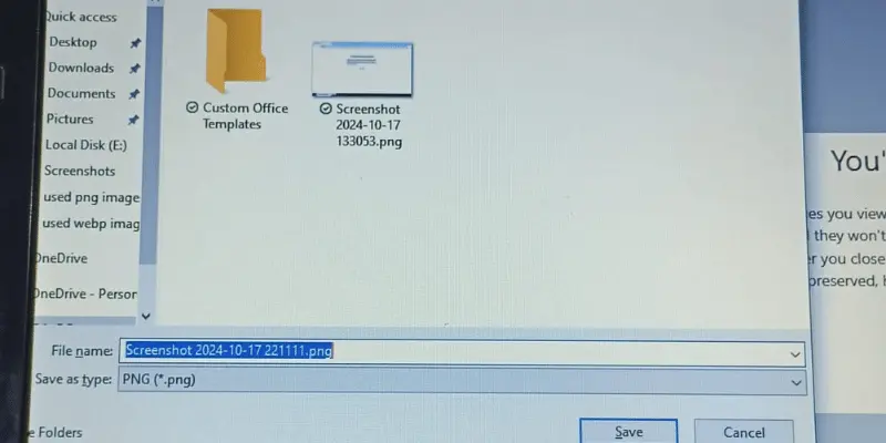 The screenshot file ready for saving with a custom folder visible
