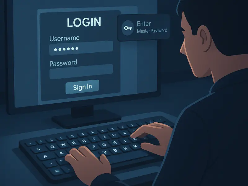 A person securely typing their username and password on a desktop login interface.