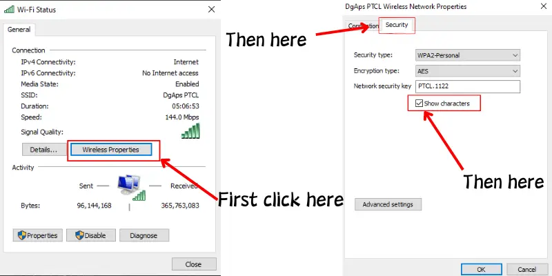 Windows settings to find Wi-Fi password using Wireless Properties and Security tab