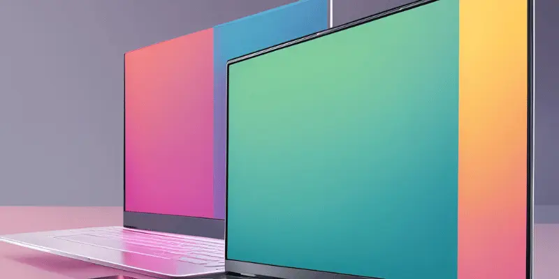 Colorful laptop screens with edge-to-edge displays on a stylish setup.