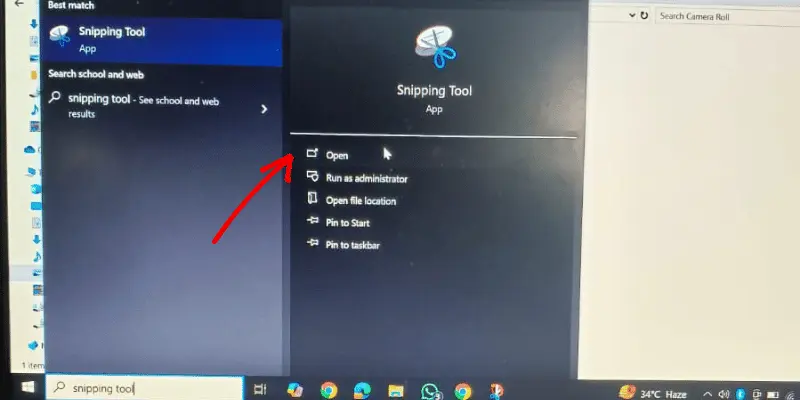 Opening snipping tool on Windows from search bar
