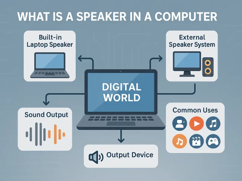 Computer speaker infographic showing built-in laptop speakers vs external speaker systems with digital audio output connections Computer speaker infographic showing built-in laptop speakers vs external speaker systems with digital audio output connections