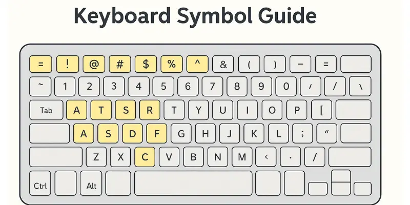 Visual representation of keyboard symbols with highlighted key sections Visual representation of keyboard symbols with highlighted key sections