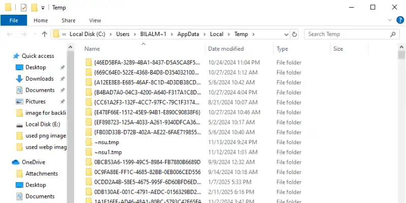 File Explorer open to the Local Temp folder, displaying various temporary files. File Explorer open to the Local Temp folder, displaying various temporary files.