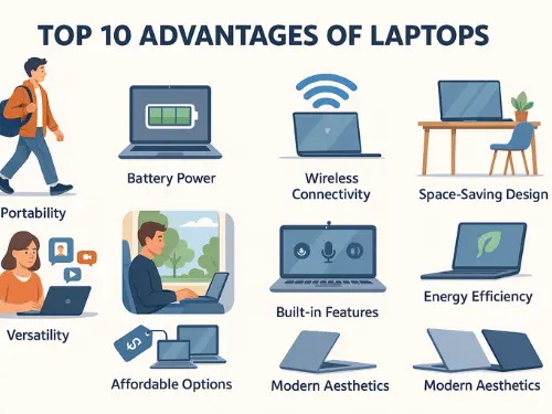 Infographic highlighting the top 10 advantages of laptops, including portability, battery life, wireless connectivity, space-saving design, built-in features, and energy efficiency. Infographic highlighting the top 10 advantages of laptops, including portability, battery life, wireless connectivity, space-saving design, built-in features, and energy efficiency.