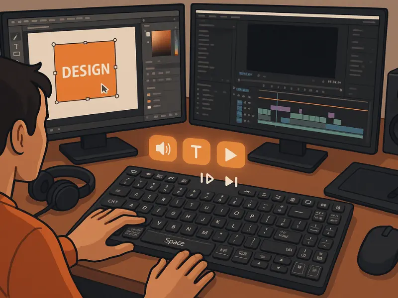 A designer using keyboard shortcuts for design and video editing software on dual monitors, with media and tool icons hovering above the keyboard.