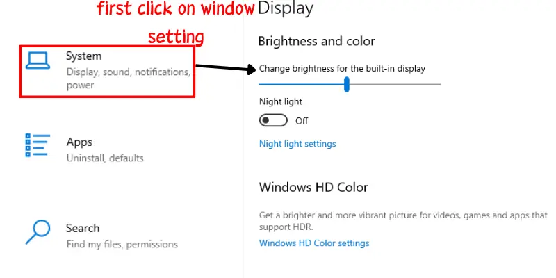 Guide to changing brightness in Windows settings under the System menu.