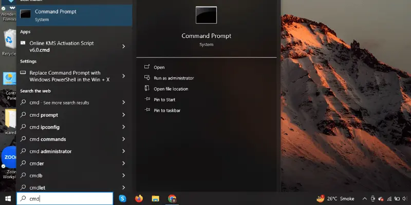 Command Prompt search in Windows menu for running system commands