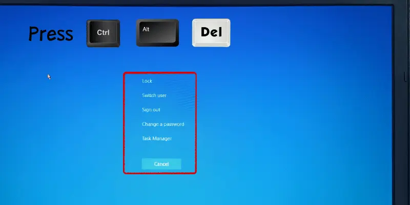 Windows screen showing Ctrl + Alt + Del options like Lock, Sign out, and Task Manager