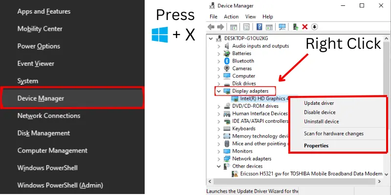 How to open Device Manager and update display adapters using Windows shortcut.