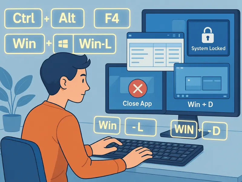 User controlling a desktop using keyboard shortcuts like Ctrl + Alt + F4, Win + L, and Win + D to lock, minimize, or close apps.
