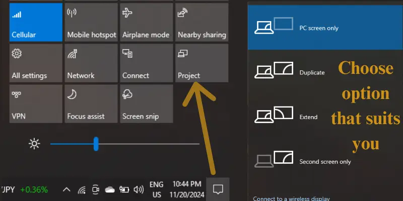 Windows display settings for projecting PC screen or extending it