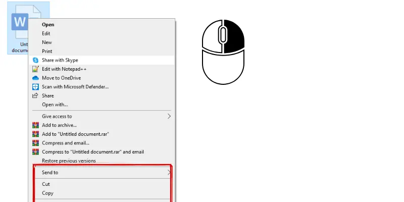 Right-click menu showing file options like Send To, Cut, and Copy with a mouse illustration