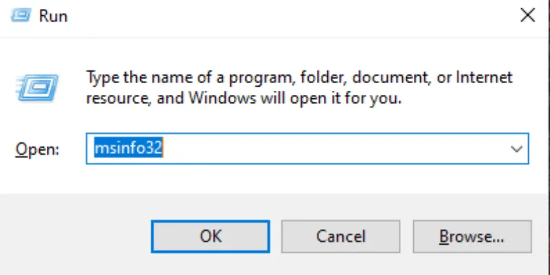 Windows Run command box with msinfo32 input for system information