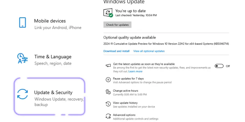 A view of Windows Update settings, showing options to pause, check, and install updates.