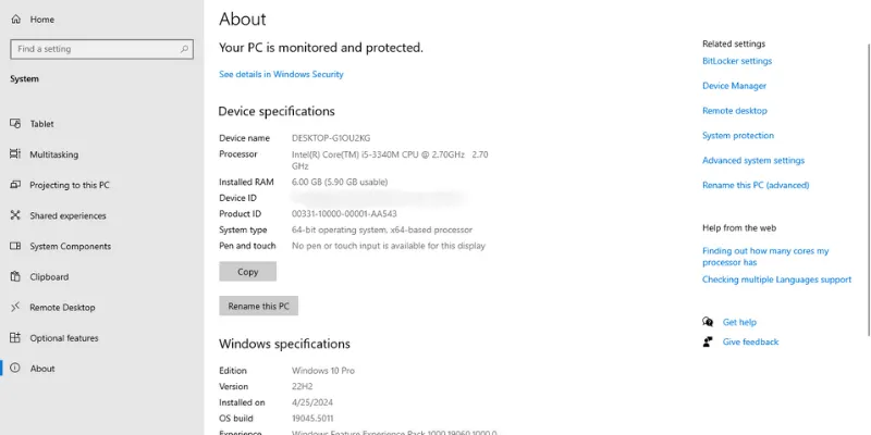 System details and Windows specifications in the About section of Windows 10