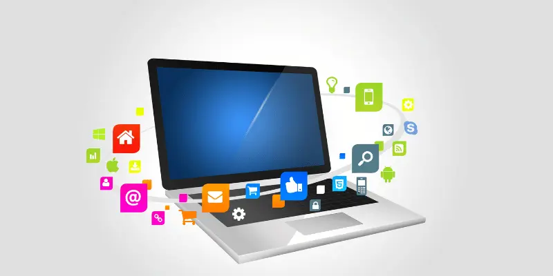 Mobile workstation laptop with colorful application icons representing the digital workspace
